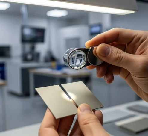 کارشناس رنگ پودری در حال بررسی دقیق نمونه‌ها با لوپ که اهمیت مشاوره تخصصی را نشان می‌دهد.| رنگ پودری آداک