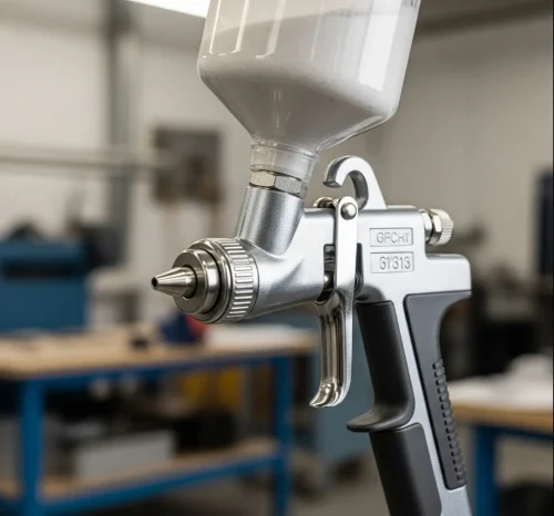 عکسی کلوزآپ از یک دستگاه رنگپاش پودری دستی. این تصویر باید جزئیات نوک دستگاه، مخزن پودر و دسته را به خوبی نشان دهد و حس یک ابزار حرفهای و دقیق را به مخاطب القا کند |خرید ابزار رنگ پودری | راهنمای کامل انتخاب دستگاه و تجهیزات رنگ پودری